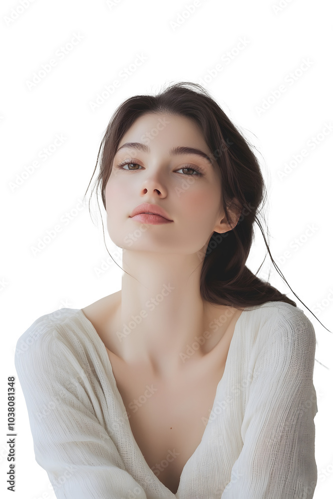A minimalist portrait of a serene woman, white background, soft lighting, neutral expression A minimalist portrait of a serene woman, white background, soft lighting, neutral expression