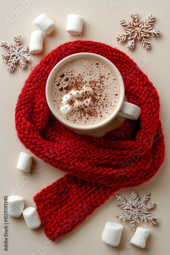 Cozy hot chocolate with marshmallows and pinecones on a red knit blanket in w...