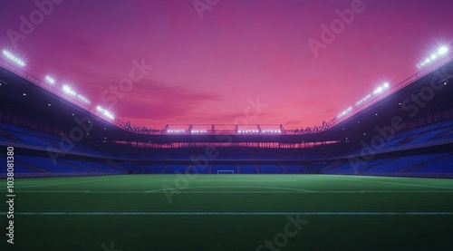 A vibrant sunset over an empty stadium with bright lights illuminating the pitch