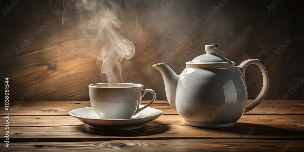 Fototapeta premium A steaming cup and teapot on a rustic wood surface, ready for a comforting moment of relaxation