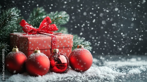 Festive gift box with red ribbon surrounded by Christmas decorations and snow...
