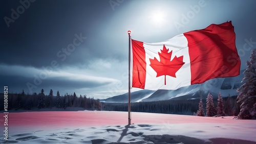 Snowy Landscape With the Canadian Flag Waving in the Wind Under a Bright Winter Sky at Sunset