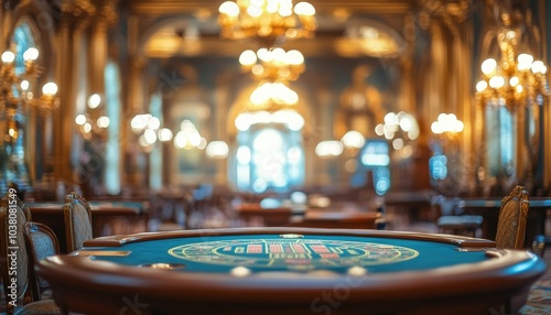 Luxurious casino interior with chandeliers in the evening glow at a historic ...