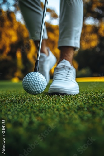 Golfer preparing to drive a golf ball while wearing white athletic shoes on a...