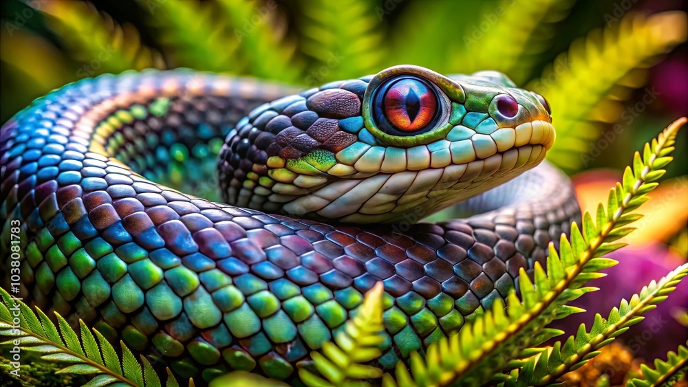 Fototapeta premium A Close-Up Portrait of a Snake with Iridescent Scales and an Intense Red Eye, Its Body Coiled Amidst Vibrant Green Foliage