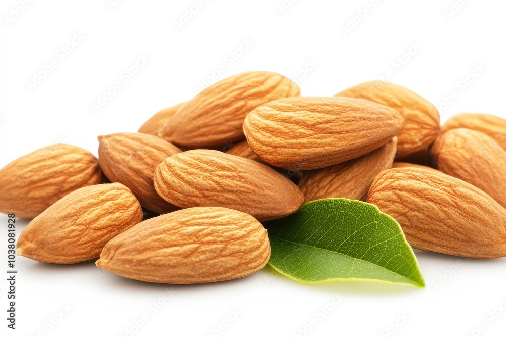 Close-Up of Almonds with Leaves Isolated on White Background Close-Up of Almonds with Leaves Isolated on White Background