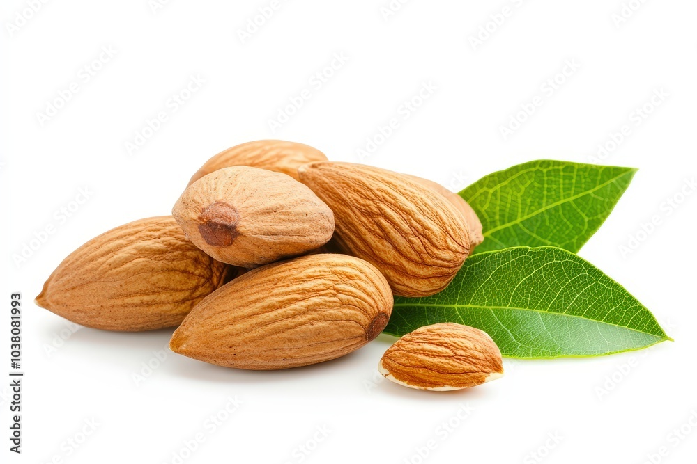 Almonds with Leaves Isolated on White Background Almonds with Leaves Isolated on White Background