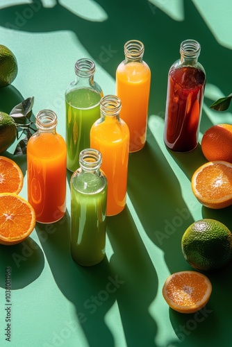 Freshly squeezed fruit juices arranged with citrus fruits on a vibrant green ...