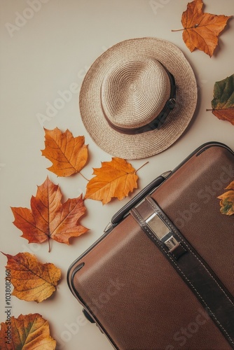 A travel suitcase and straw hat surrounded by colorful autumn leaves on a fla...