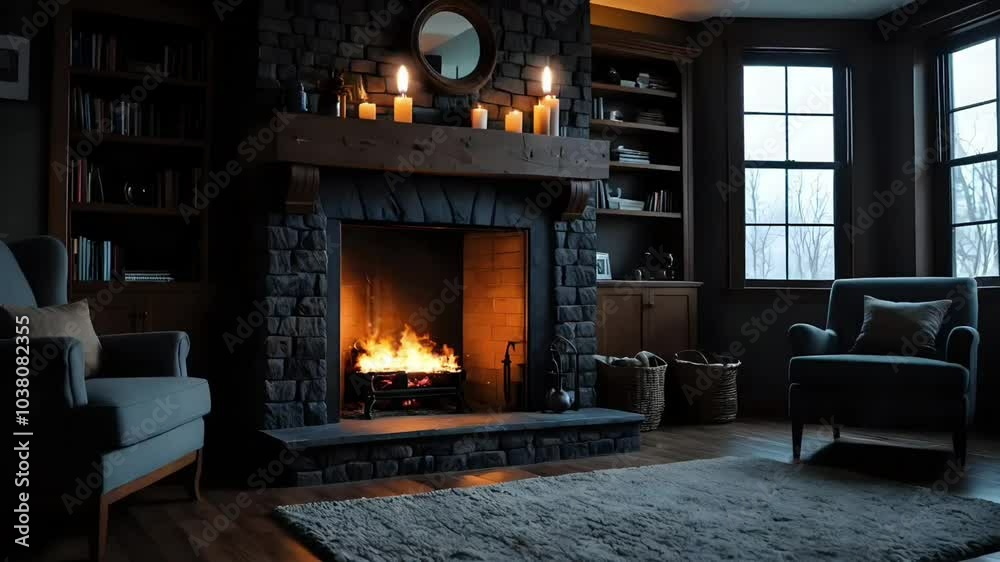Cozy living room with a warm fireplace and a snowy winter scene outside the windows, video HD