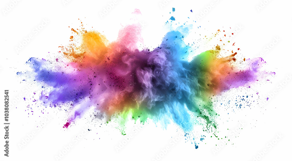 Fototapeta premium Colorful powder explosion in vibrant rainbow colors, isolated on a white background. 