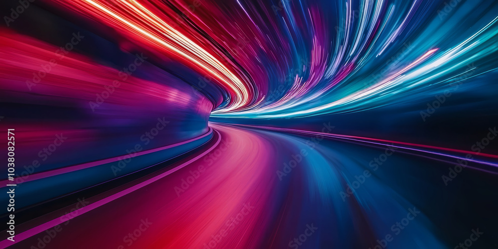 Colorful light trails captured in a tunnel, showing high-speed motion, vibrant hues and energy. Colorful light trails captured in a tunnel, showing high-speed motion, vibrant hues and energy.
