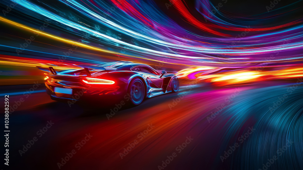 Colorful light trails from racing cars, motion blur effect, Colorful light trails from racing cars, motion blur effect,