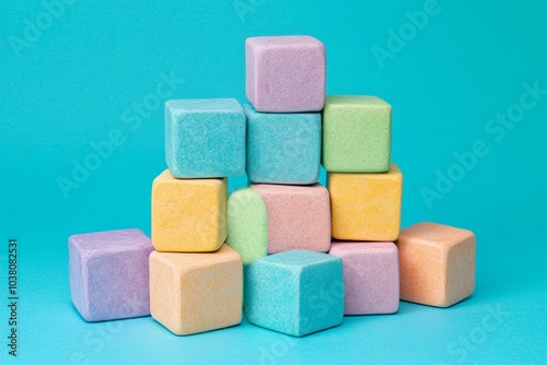 A stack of colorful wooden blocks on a blue background.