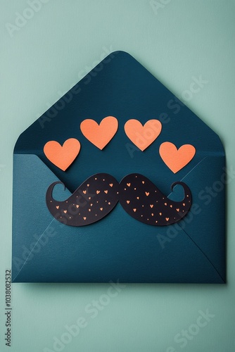 Decorative envelope with paper mustache and hearts on a teal background for a...
