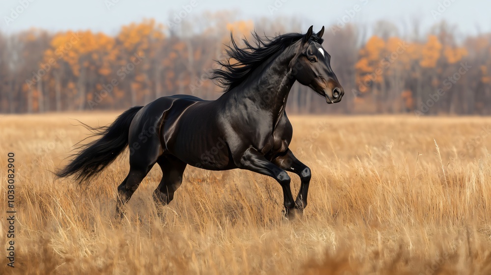 Black horse running through tall grass in autumn Black horse running through tall grass in autumn