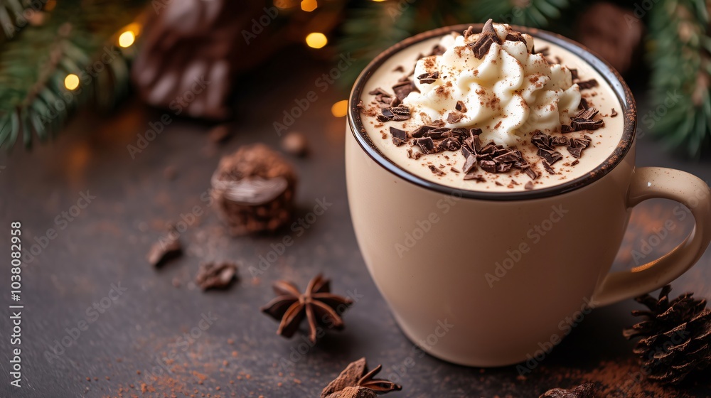 Steaming mug of hot chocolate with whipped cream and chocolate shavings is waiting on a table Steaming mug of hot chocolate with whipped cream and chocolate shavings is waiting on a table