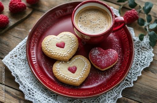Warm coffee with heart shaped cookies on wooden table setting decorated with ...