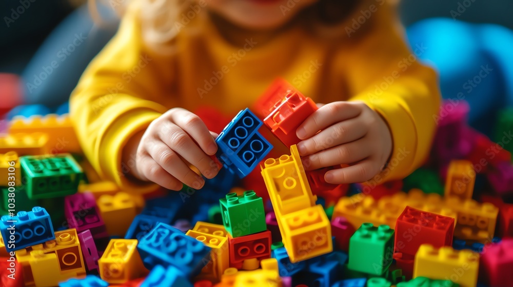 A child's hands playing with colorful building blocks. A child's hands playing with colorful building blocks.