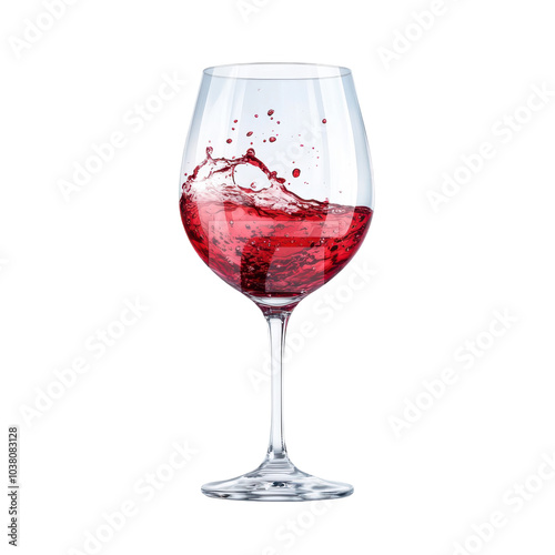 A glass of red wine with a dynamic splash, isolated on a white background. The vibrant red liquid in motion creates an elegant and lively visual, perfect for themes of celebration and luxury.