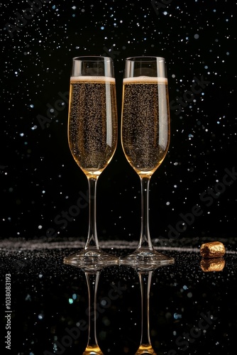 Two champagne flutes filled with bubbly drink on reflective surface with spar...