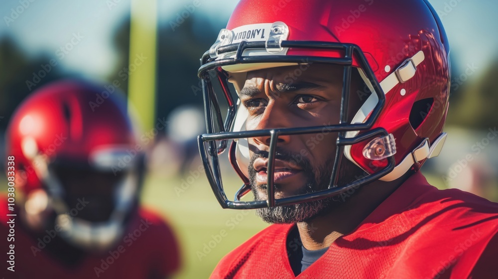 Football player in red helmet, focused expression, training field background Football player in red helmet, focused expression, training field background