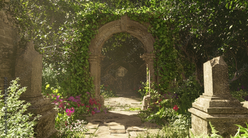 Fototapeta premium Ornate Stone Archway Entrance to Tomb Surrounded by Vibrant Flowers and Greenery, Contrast of Old and New, Ultra-Detailed Photography