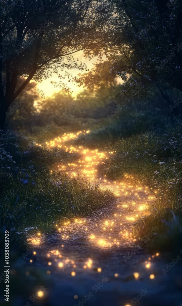 Enchanted forest path with glowing lights.