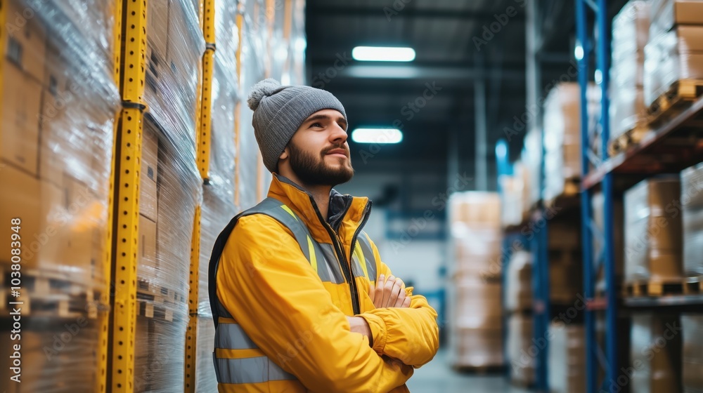 Warehouse worker in yellow vest, gray beanie, thoughtful pose, storage area