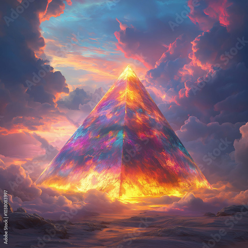 stunning pyramid emerges from vibrant clouds, radiating colors of orange, blue, and purple. ethereal scene captures sense of wonder and tranquility, inviting viewers to explore its beauty