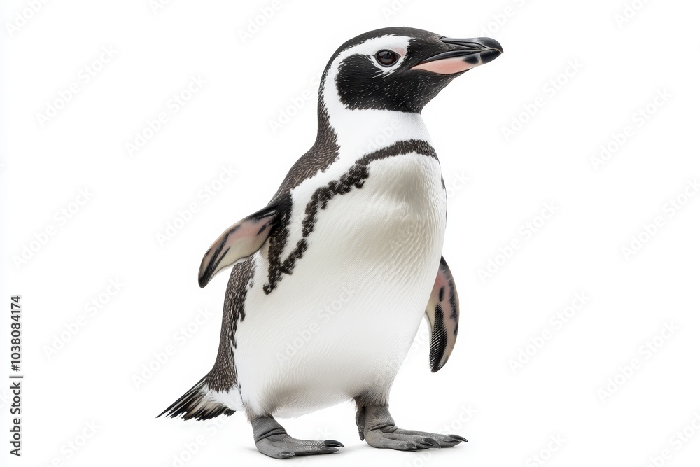 Naklejka premium Playful penguin portrait waddling with upward gaze against a minimalist white background isolated