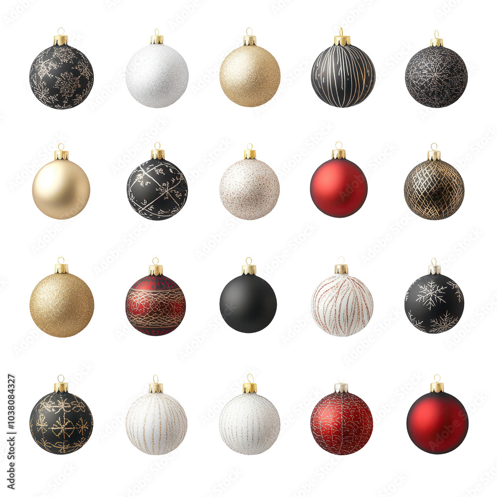 Collection of black, gold, red, and white Christmas ornaments with varied textures, isolated on white. Ideal for festive holiday decorations and classic Christmas themes.
