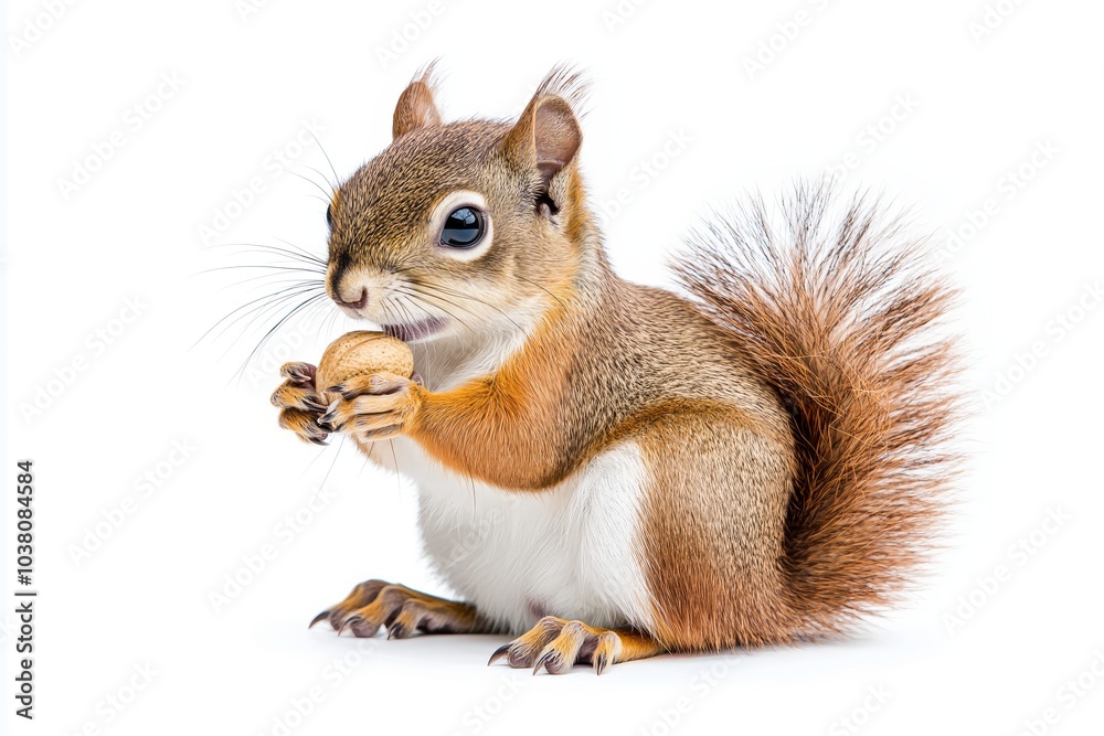 Adorable red furred squirrel holding nut, captured in full length portrait against white backdrop isolated Adorable red furred squirrel holding nut, captured in full length portrait against white backdrop isolated