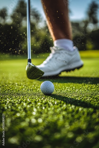 Golfer preparing to drive a golf ball while wearing white athletic shoes on a...