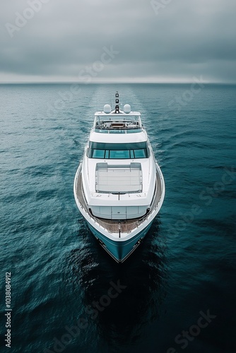 Luxury yacht cruising through calm waters under an overcast sky at sea