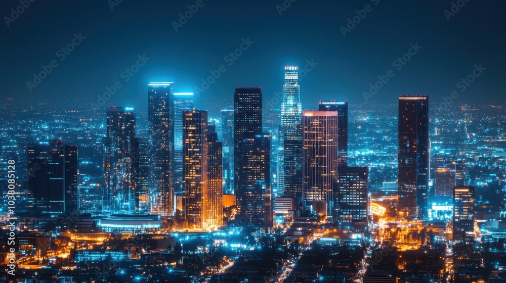 A smart city skyline at night with illuminated buildings, Urban development scene, Futuristic style