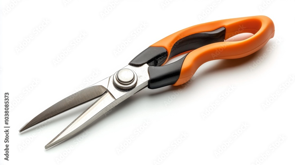 Orange and black ergonomic garden pruning shears with sharp blades on a white background. Generative AI Orange and black ergonomic garden pruning shears with sharp blades on a white background. Generative AI
