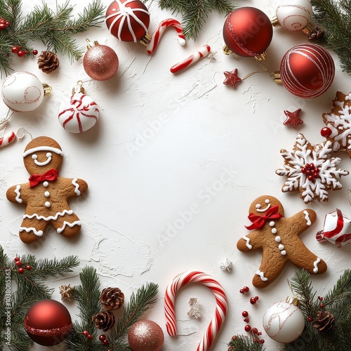 Festive holiday arrangement with gingerbread, ornaments, and candy canes on a...