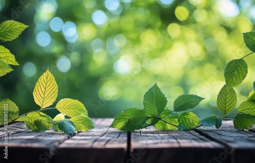 Bright green leaves with bokeh background on wooden surface in a serene outdo...
