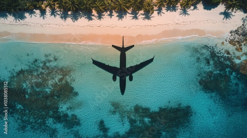 Airplane flying over a tropical beach with clear turquoise water and palm tre...