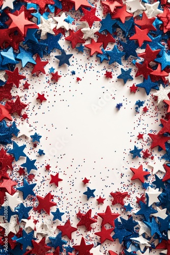 Festive arrangement of red white and blue stars with glitter for a celebratio...