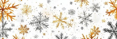 Colorful snowflakes in shades of silver and gold against a white background f...
