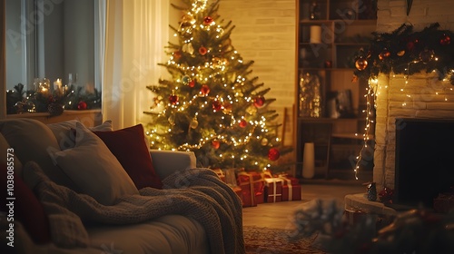 Cozy Christmas Living Room with Decorated Fireplace and Christmas Tree photo