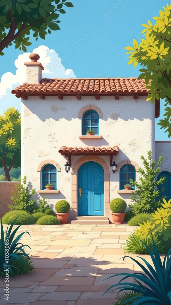 A blue door with a white trim sits in front of a white house with a red roof A blue door with a white trim sits in front of a white house with a red roof