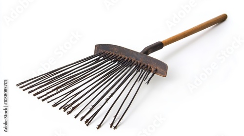 Vintage rake with metal tines and wooden handle on a white background a classic gardening tool for yard work.. Generative AI photo