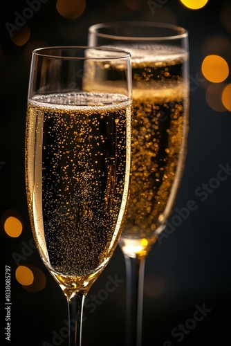 Two champagne flutes filled with bubbly drink on reflective surface with spar...