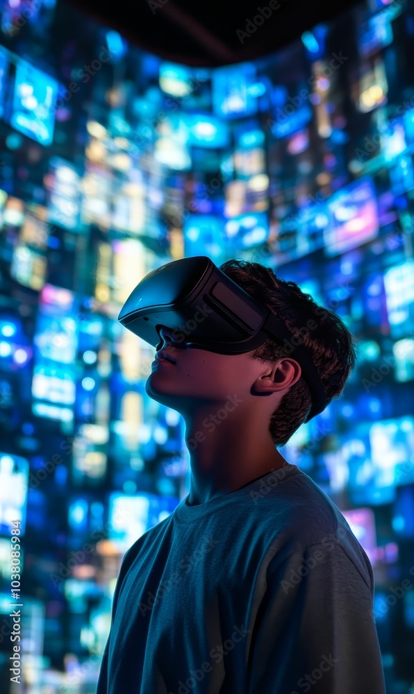 Man wearing VR headset in front of a blue light Man wearing VR headset in front of a blue light