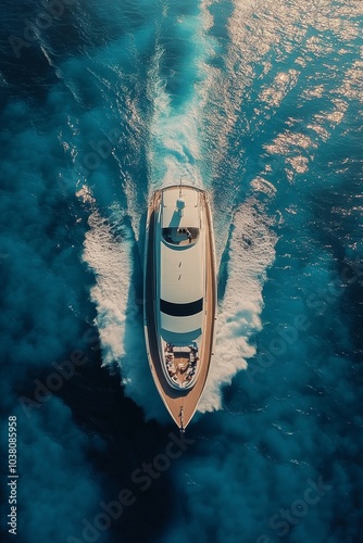 Luxury yacht cruising through clear blue waters on a sunny day in summer