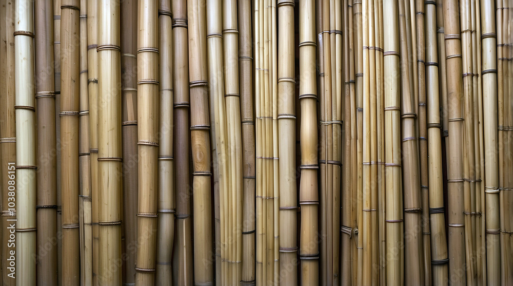 Fototapeta premium Tall Bamboo Strips With A Natural Golden Brown Finish Perfect For Zen-inspired Interiors Or Tropical Designs