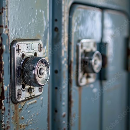 A close-up of vintage locks on a weathered metal locker.